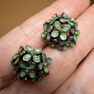 Olive Green Enamel Flower Cluster Stud Earrings
